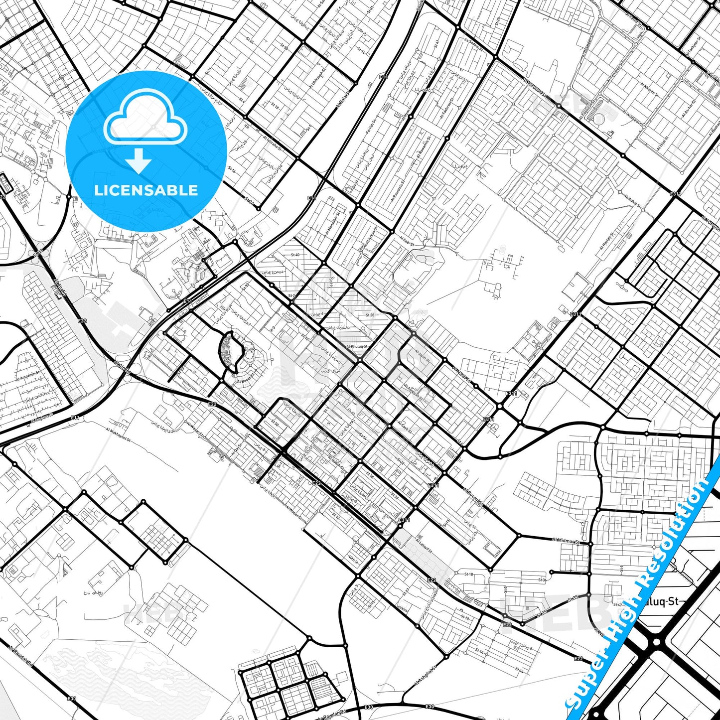 Bani Yas City, United Arab Emirates Light Map with Street Names, City Names, and Districts