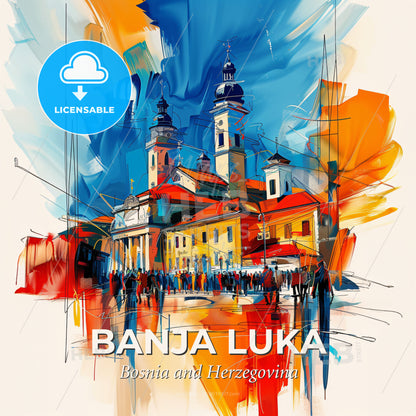 Vibrant Banja Luka, Bosnia And Herzegovina - A Painting Of A Building With A Crowd Of People - Square format print template