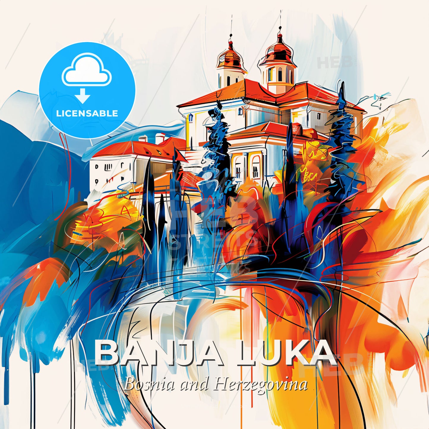 Vibrant Banja Luka, Bosnia And Herzegovina - A Painting Of A Building With Trees And Mountains - Square format print template