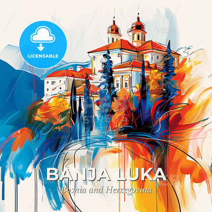 Vibrant Banja Luka, Bosnia And Herzegovina - A Painting Of A Building With Trees And Mountains - Square format print template