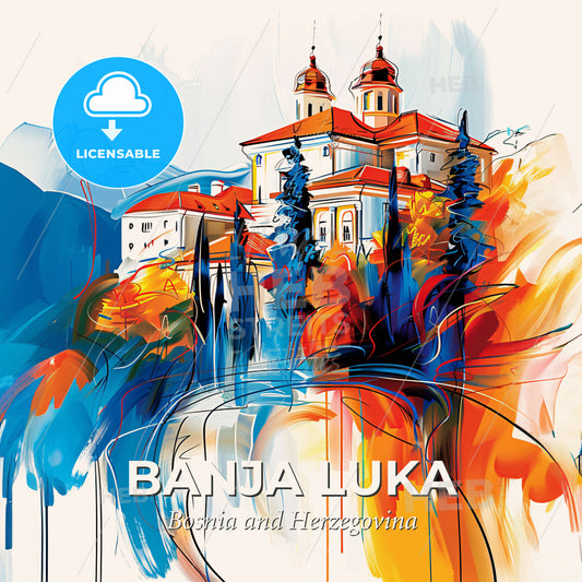 Vibrant Banja Luka, Bosnia And Herzegovina - A Painting Of A Building With Trees And Mountains - Square format print template