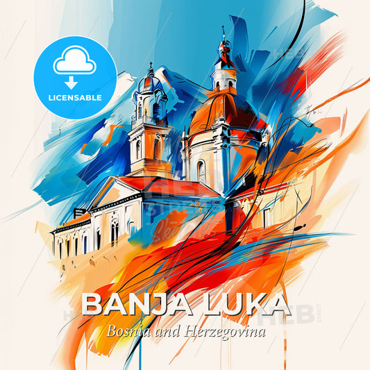 Vibrant Banja Luka, Bosnia And Herzegovina - A Painting Of A Building With A Colorful Background - Square format print template