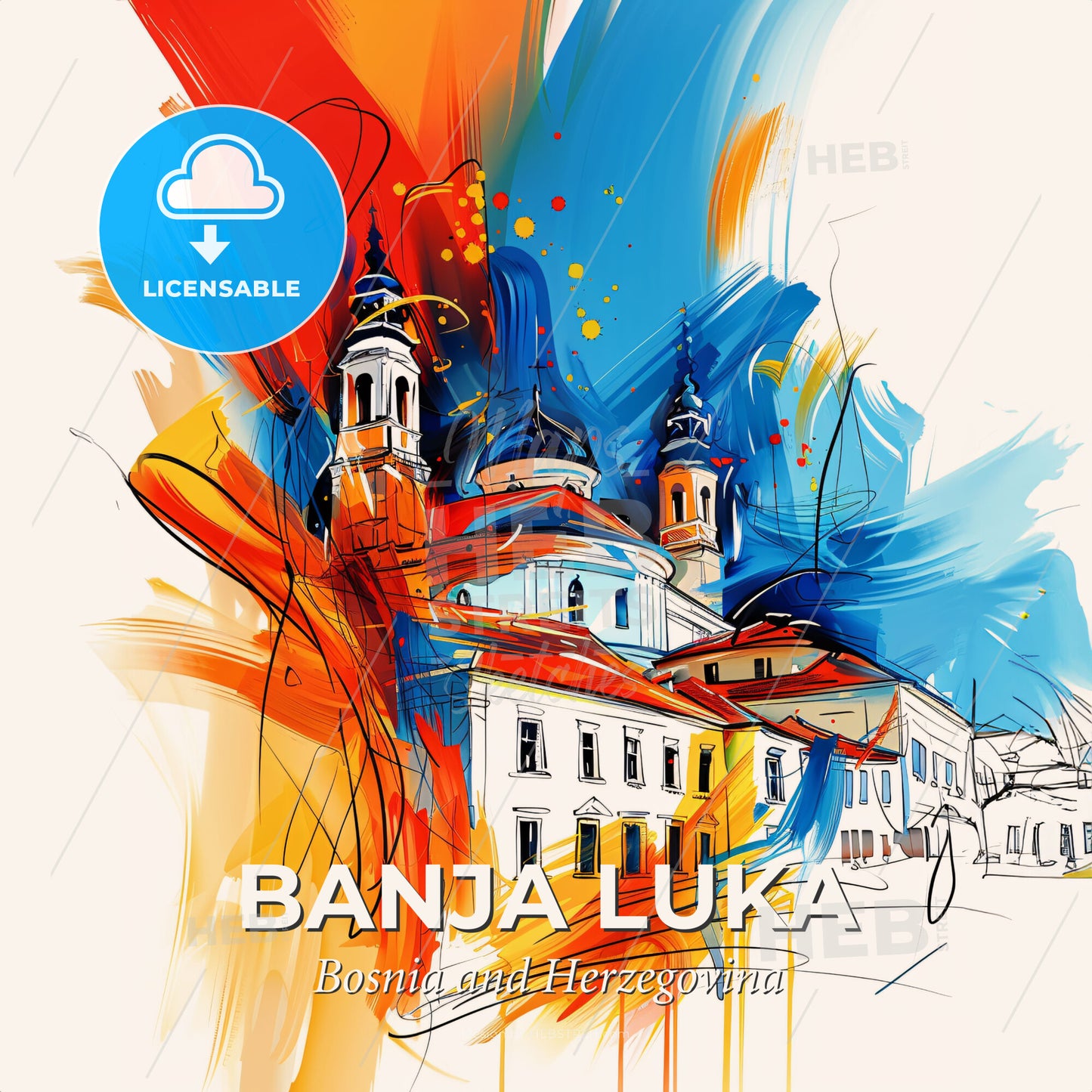 Vibrant Banja Luka, Bosnia And Herzegovina - A Colorful Painting Of A Building - Square format print template