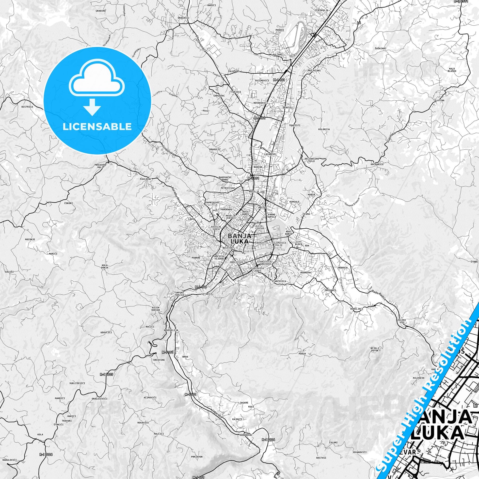 Banja Luka, Bosnia and Herzegovina light map with streetnames, citynames and districts