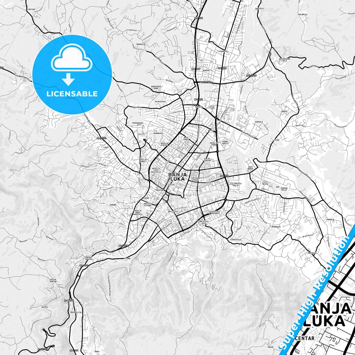 Banja Luka, Bosnia and Herzegovina Light Map with Street Names, City Names, and Districts