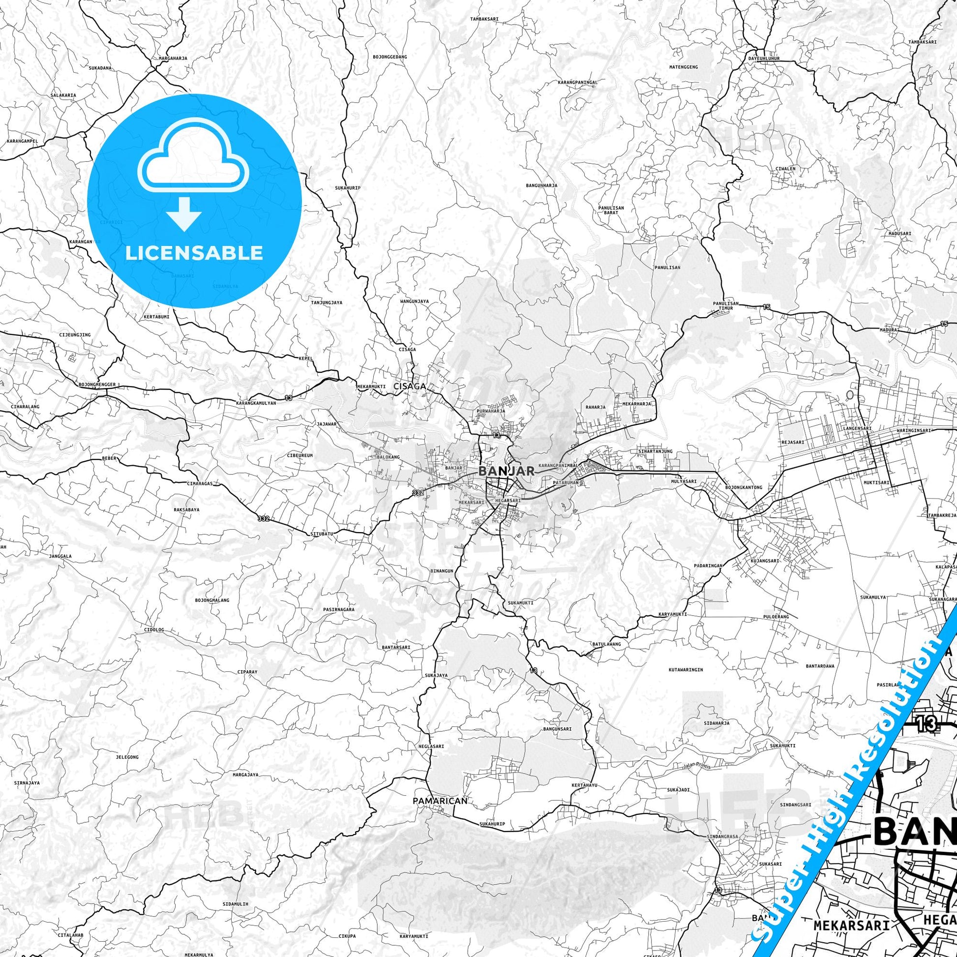 Banjar, Indonesia light map with streetnames, citynames and districts