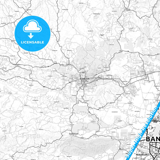 Banjar, Indonesia light map with streetnames, citynames and districts