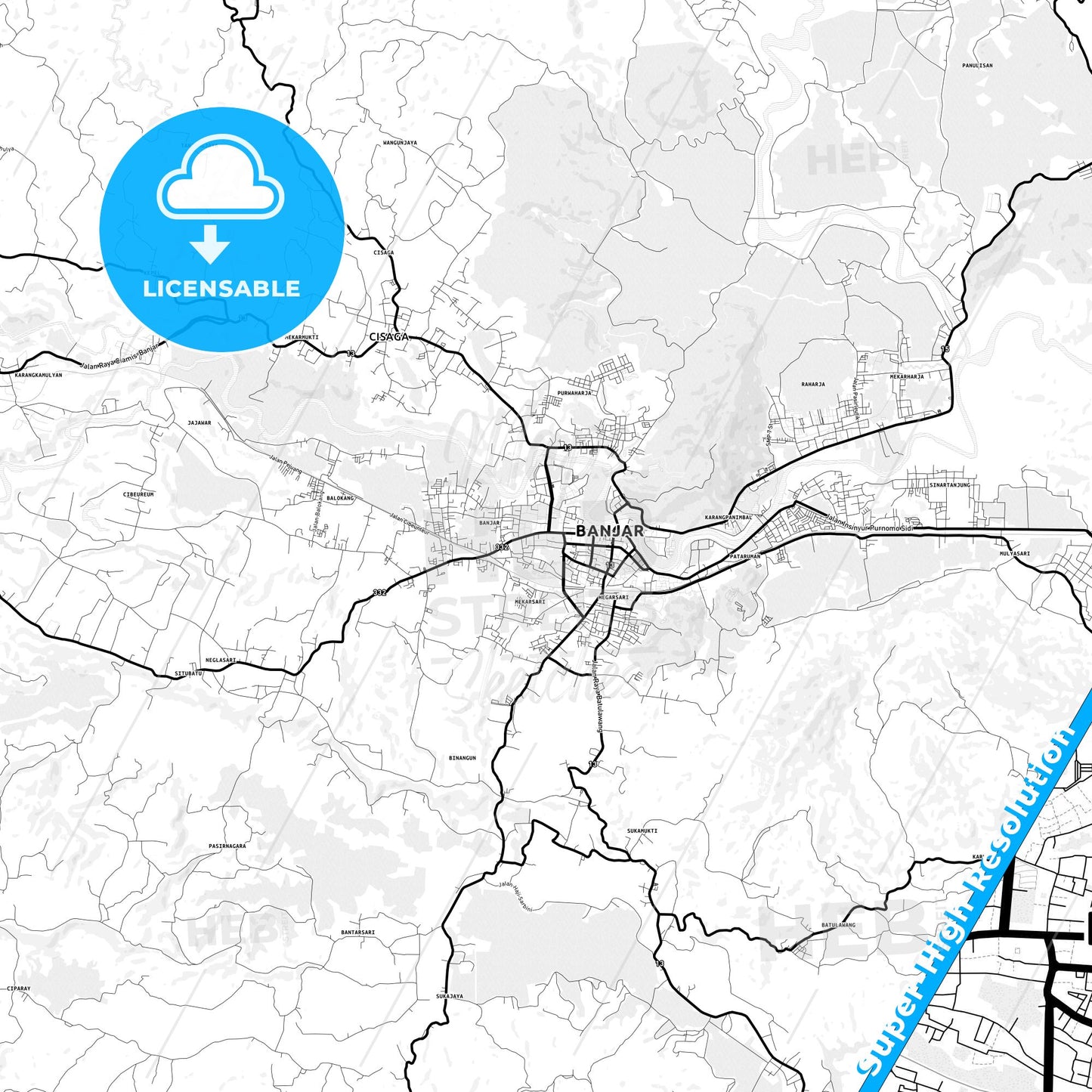Banjar, Indonesia Light Map with Street Names, City Names, and Districts