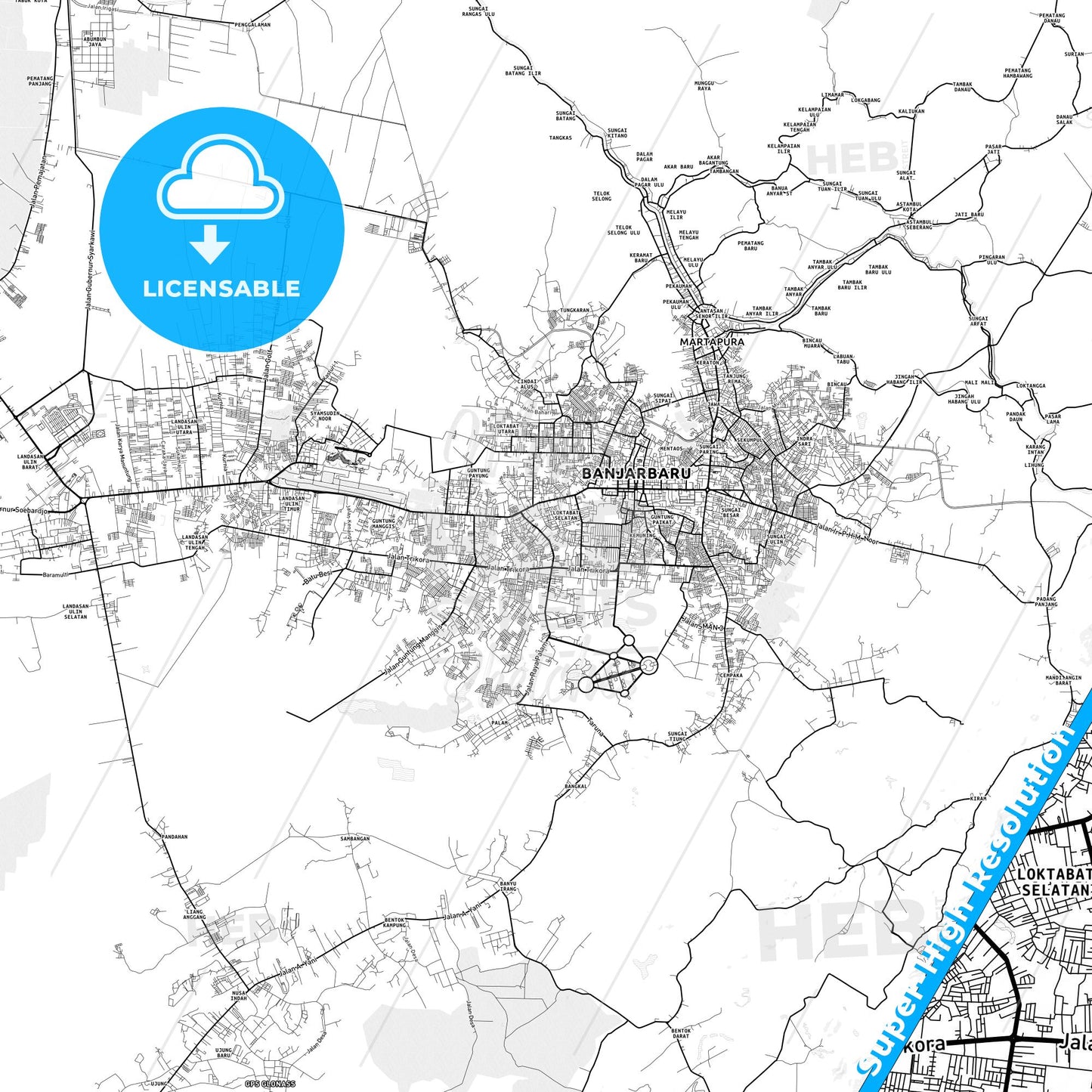 Banjarbaru, Indonesia light map with streetnames, citynames and districts