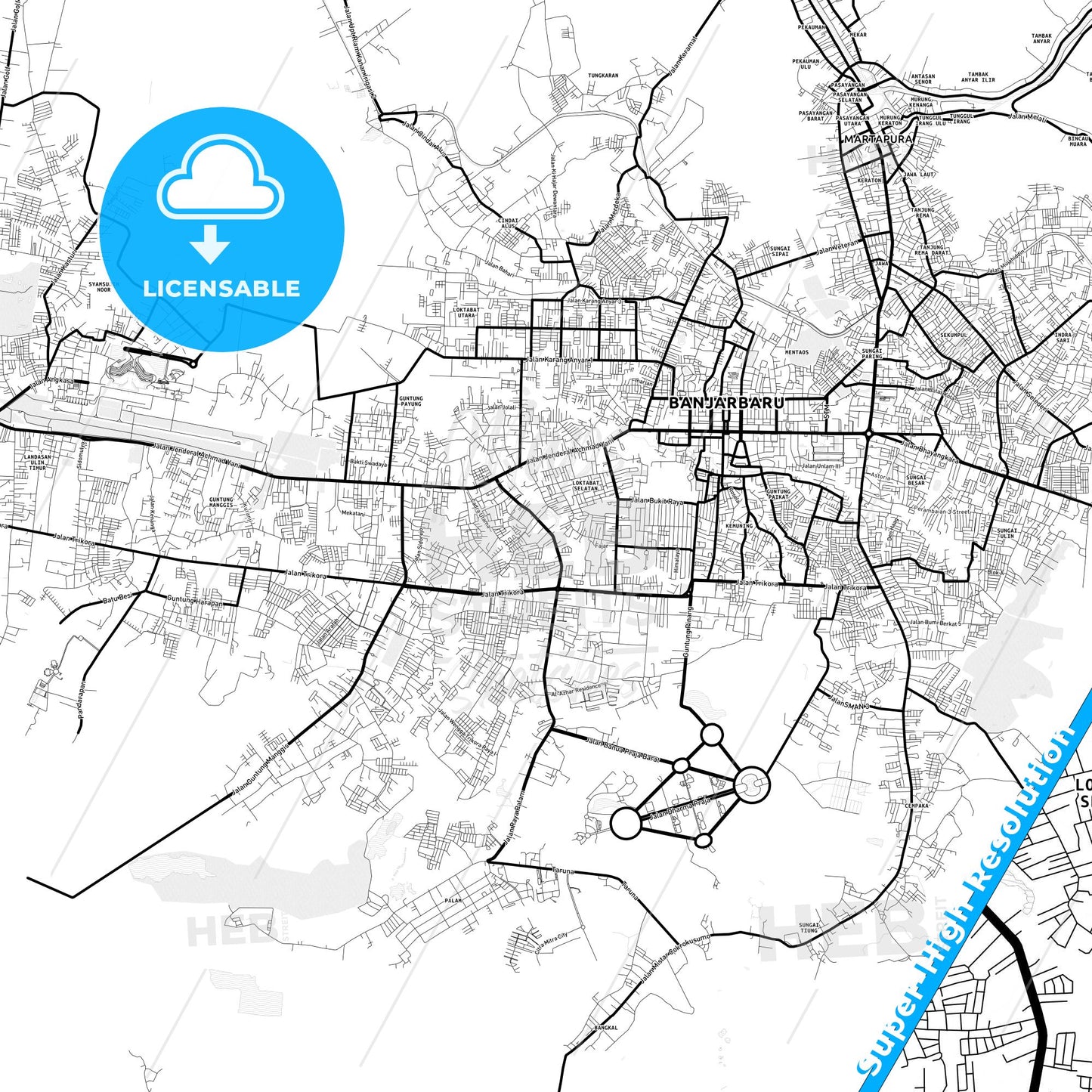 Banjarbaru, Indonesia Light Map with Street Names, City Names, and Districts