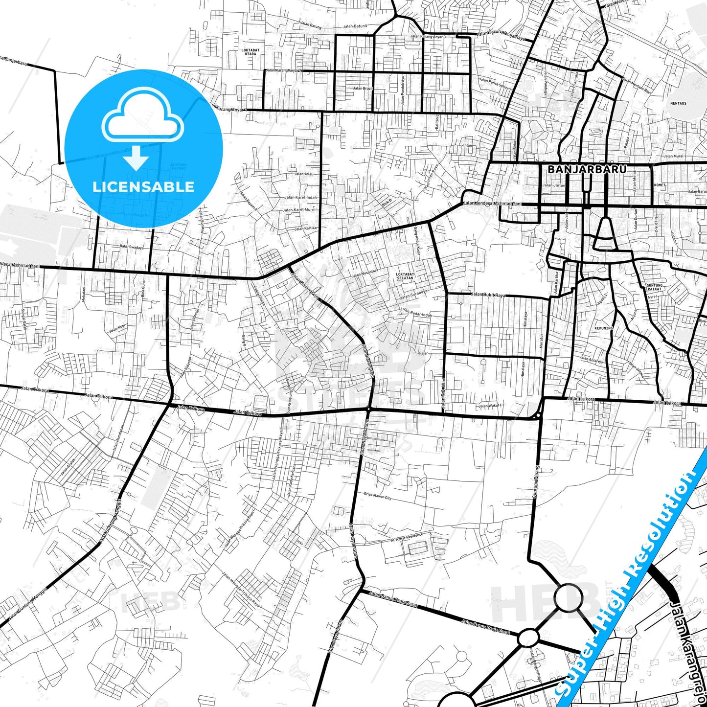 Banjarbaru, Indonesia Light Map with Street Names, City Names, and Districts