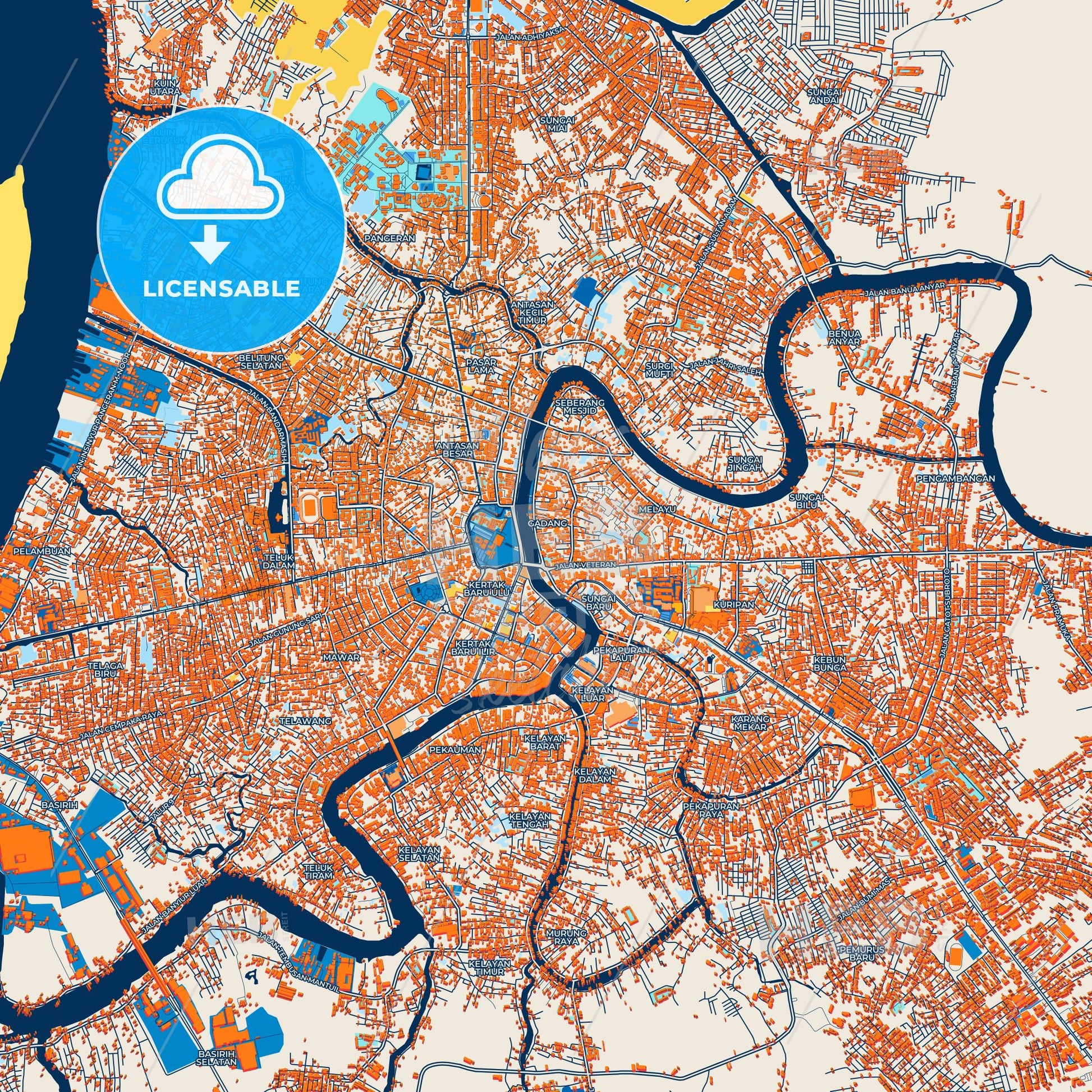 Colorful Banjarmasin Street Map with Labels and Buildings
