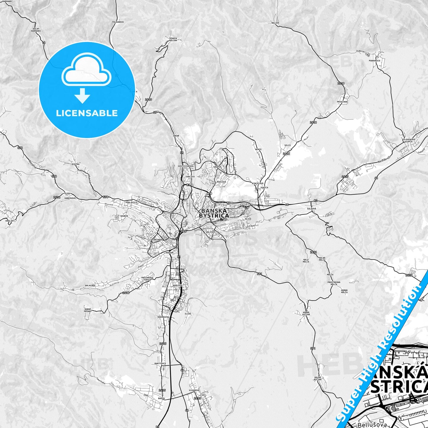 Banská Bystrica, Slovakia light map with streetnames, citynames and districts