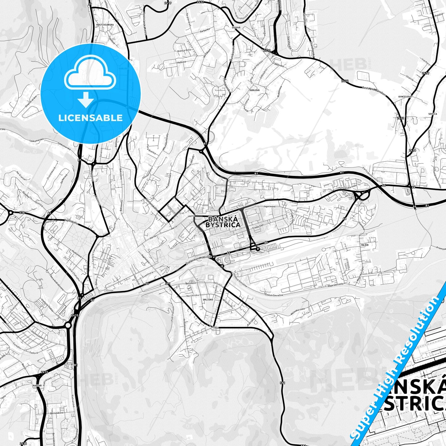 Banská Bystrica, Slovakia Light Map with Street Names, City Names, and Districts