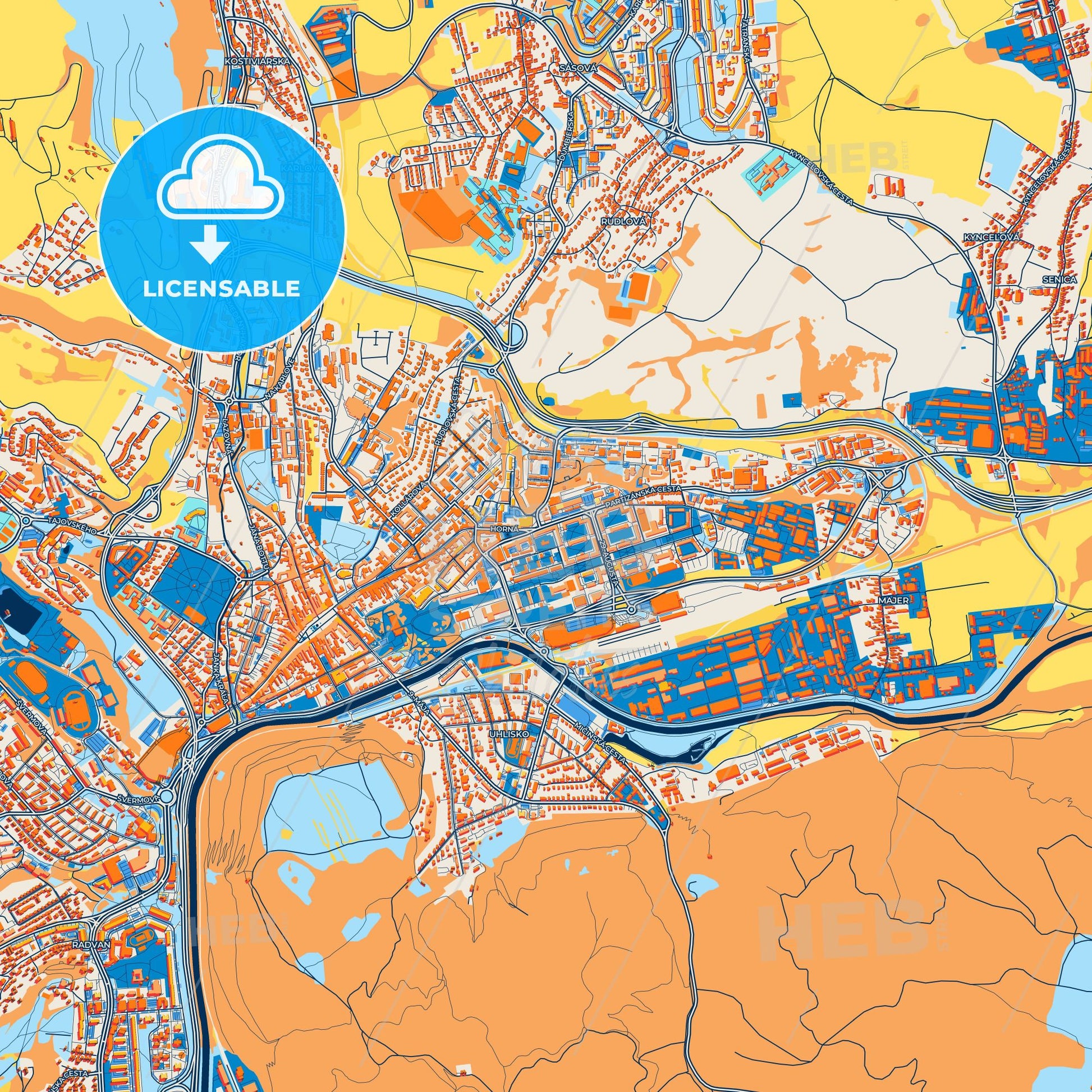Colorful Banská Bystrica Street Map with Labels and Buildings