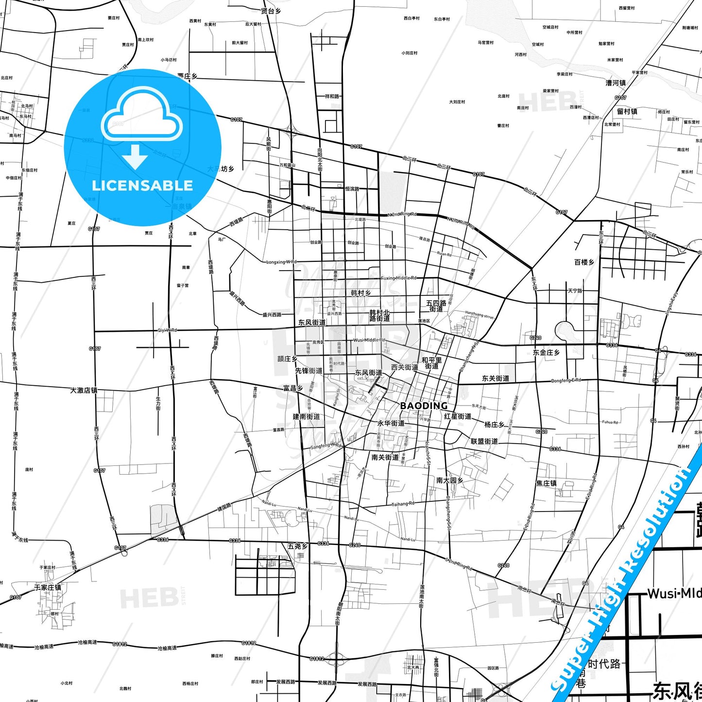 Baoding, China light map with streetnames, citynames and districts