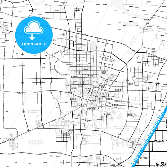 Baoding, China light map with streetnames, citynames and districts