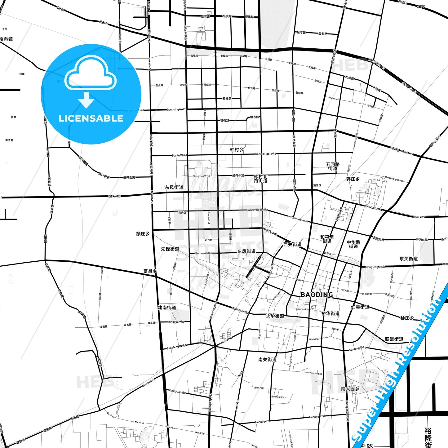 Baoding, China Light Map with Street Names, City Names, and Districts