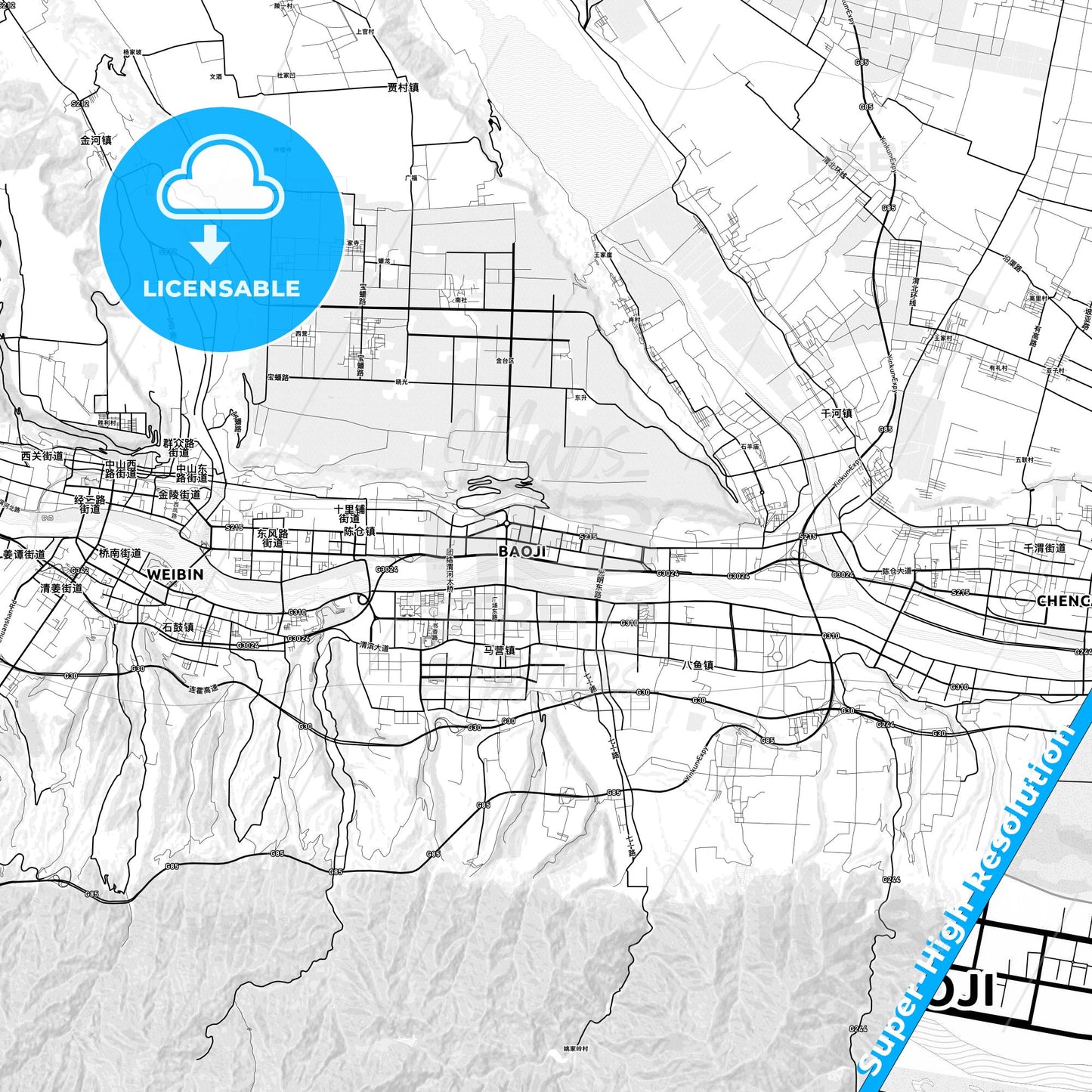 Baoji, China light map with streetnames, citynames and districts