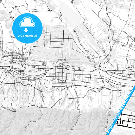 Baoji, China light map with streetnames, citynames and districts