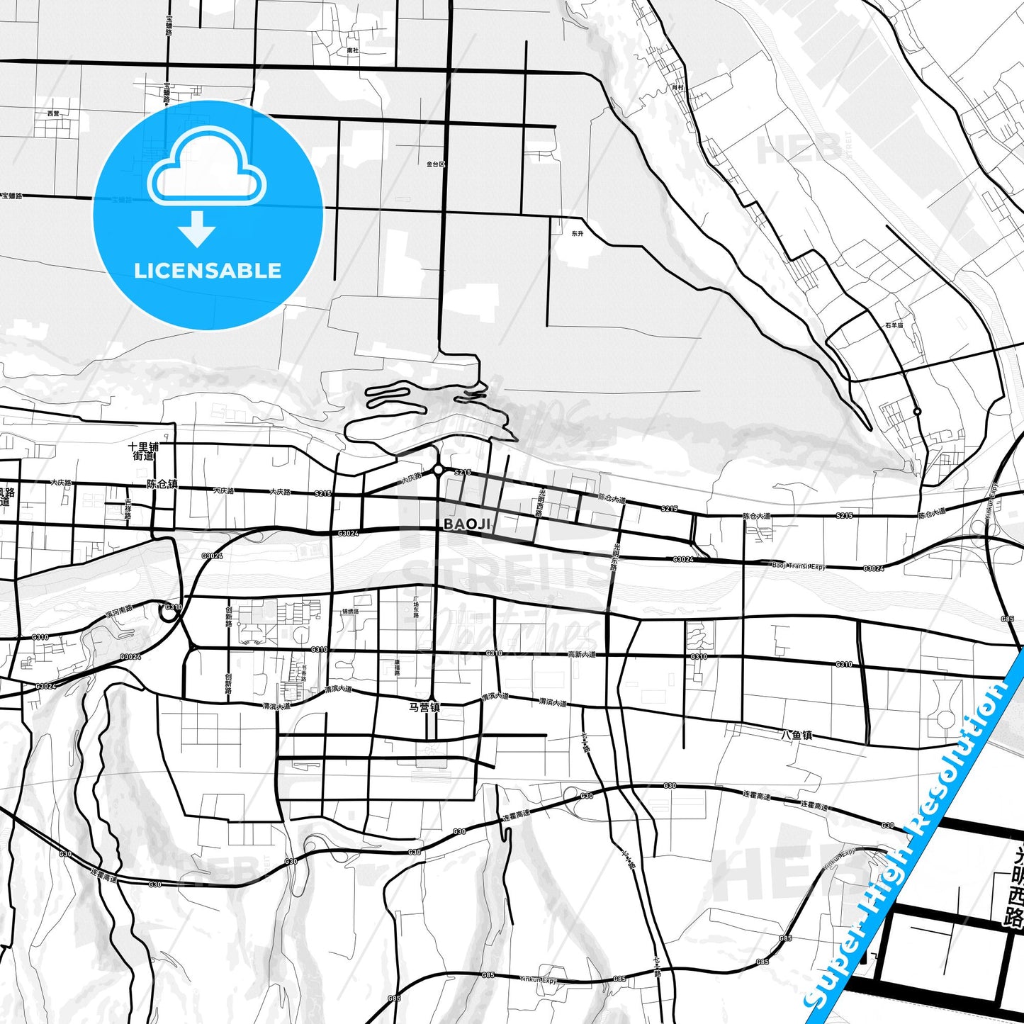 Baoji, China Light Map with Street Names, City Names, and Districts