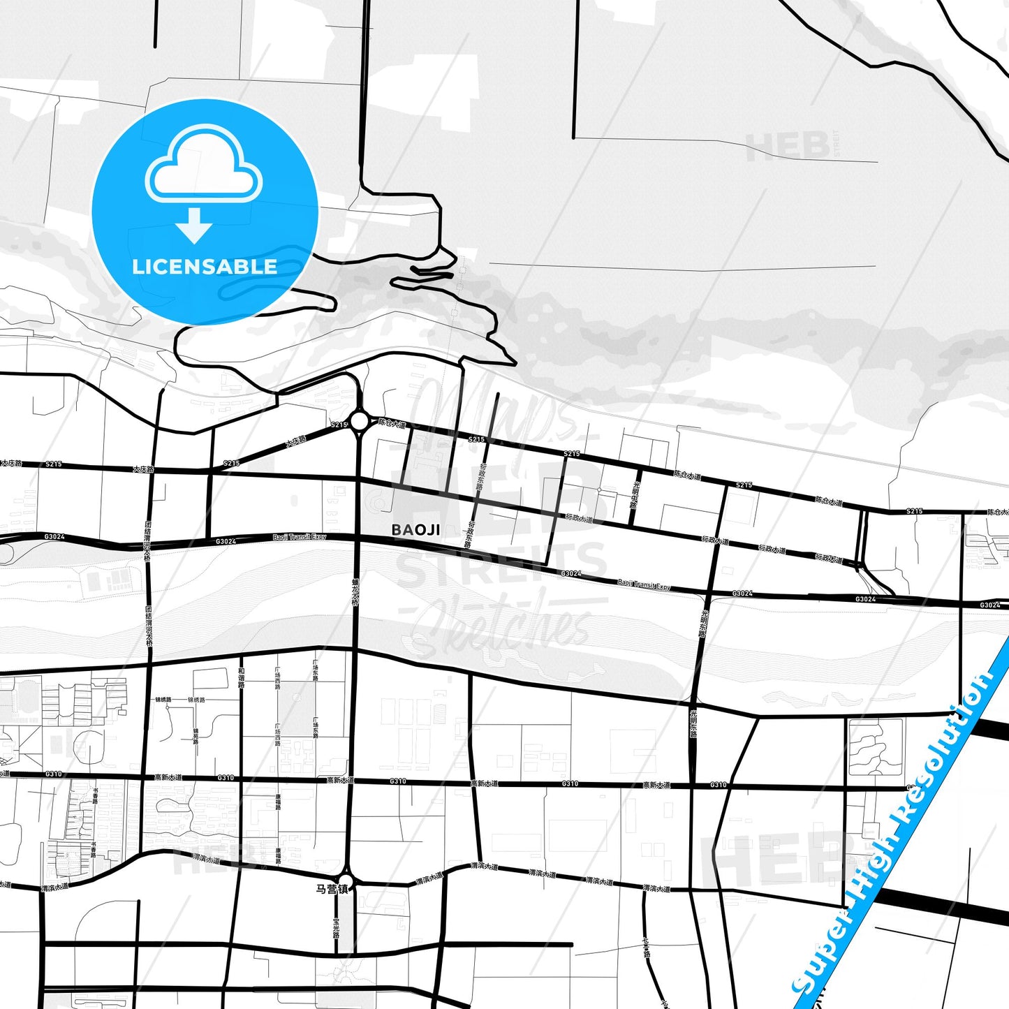 Baoji, China Light Map with Street Names, City Names, and Districts