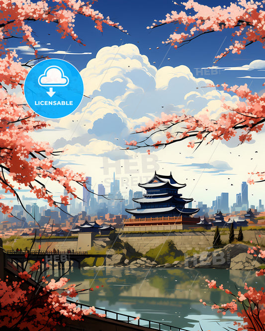 Vibrant Cityscape Painting Featuring Pagodas, Flowers, and a Serene River