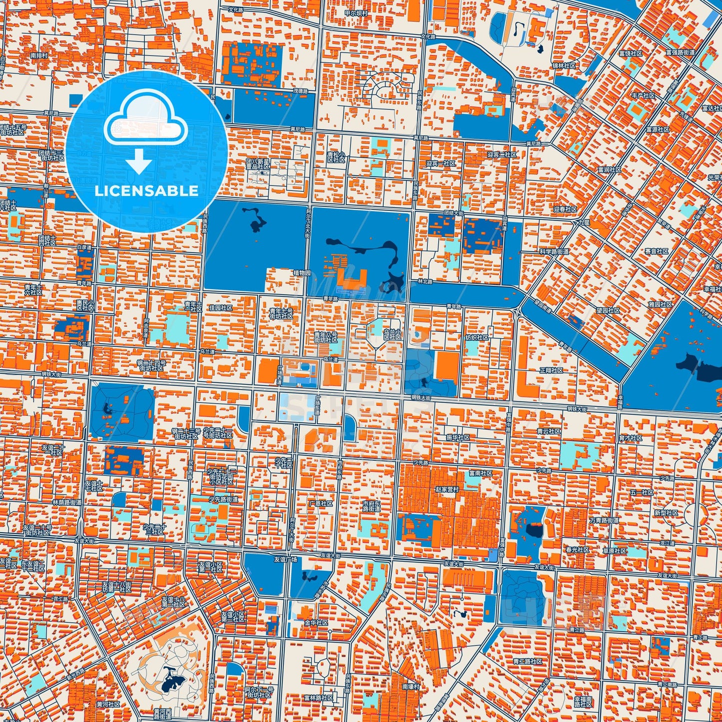Colorful Baotou Street Map with Labels and Buildings