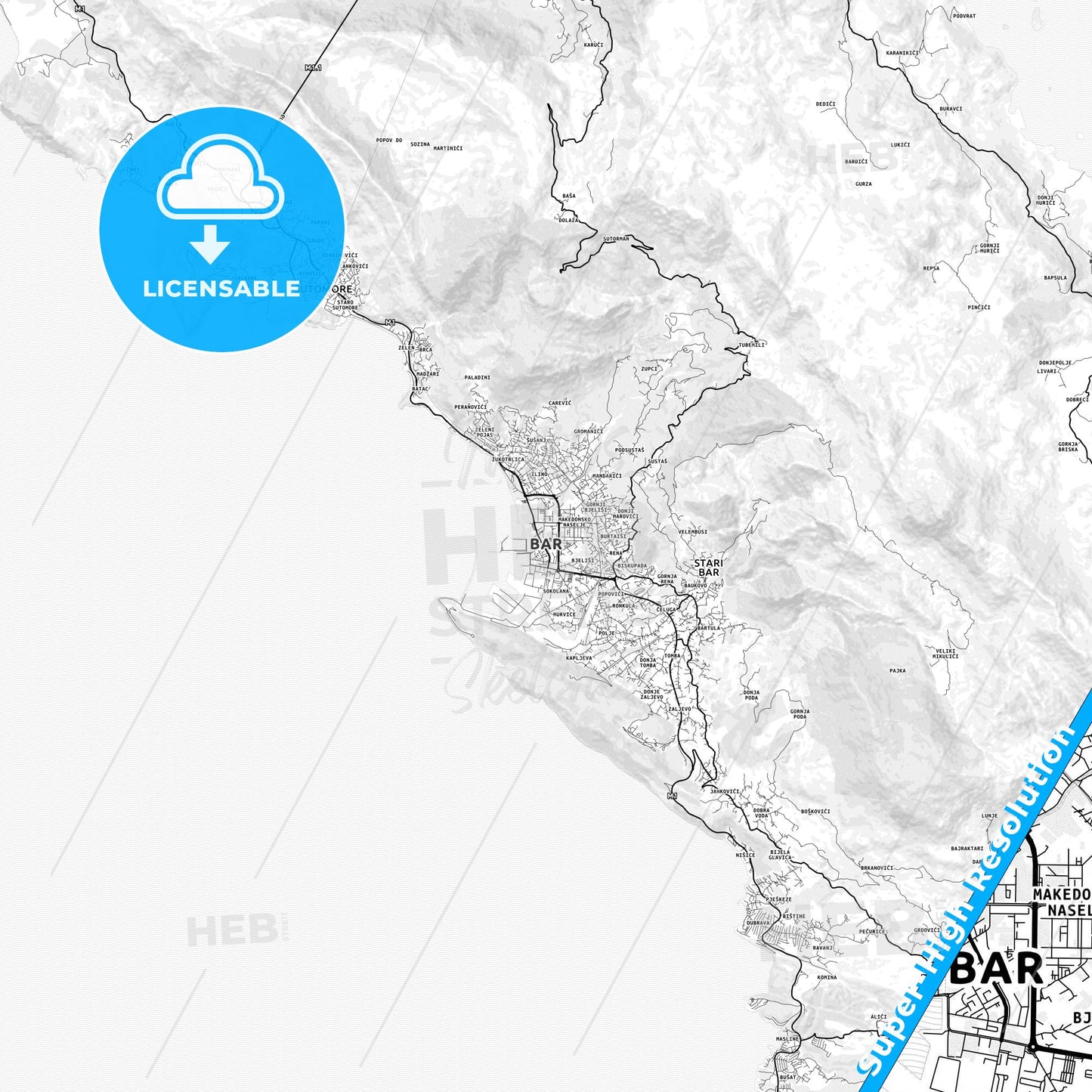 Bar, Montenegro light map with streetnames, citynames and districts