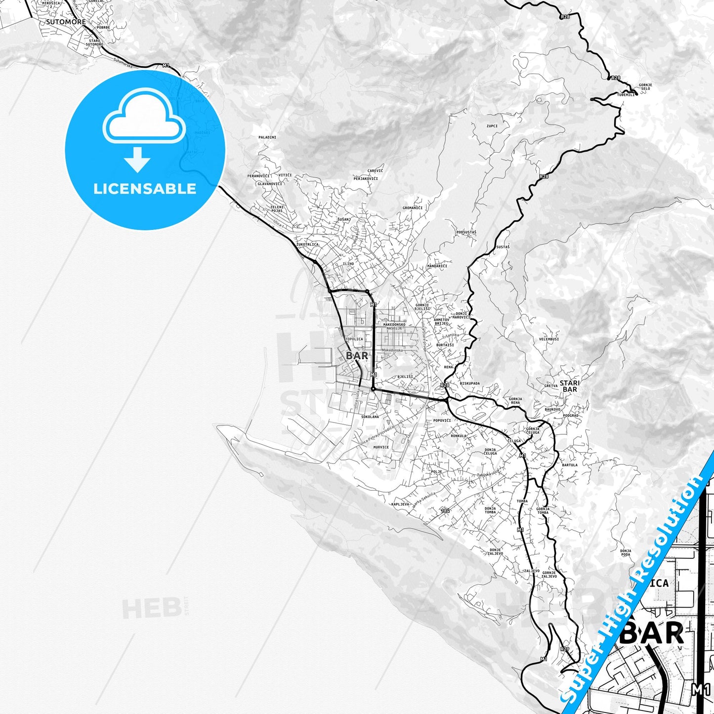 Bar, Montenegro Light Map with Street Names, City Names, and Districts