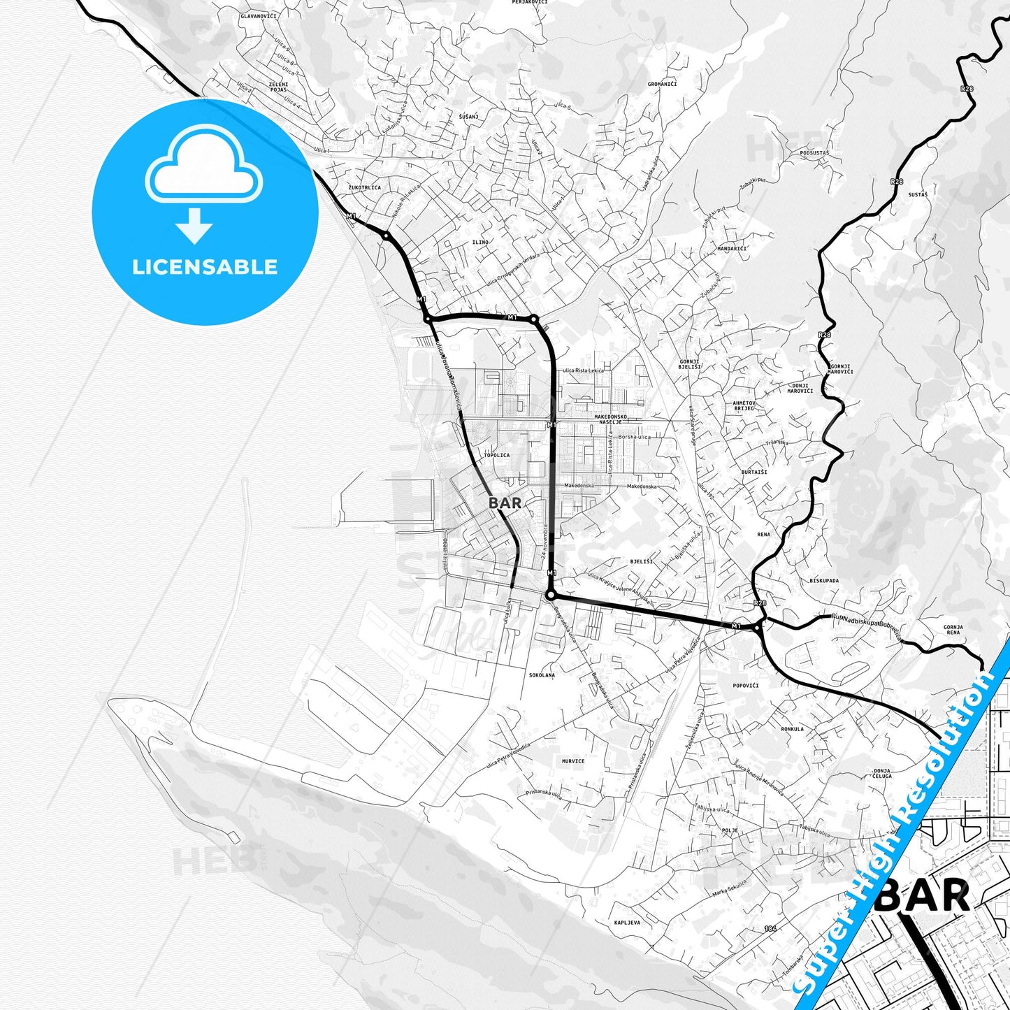 Bar, Montenegro Light Map with Street Names, City Names, and Districts