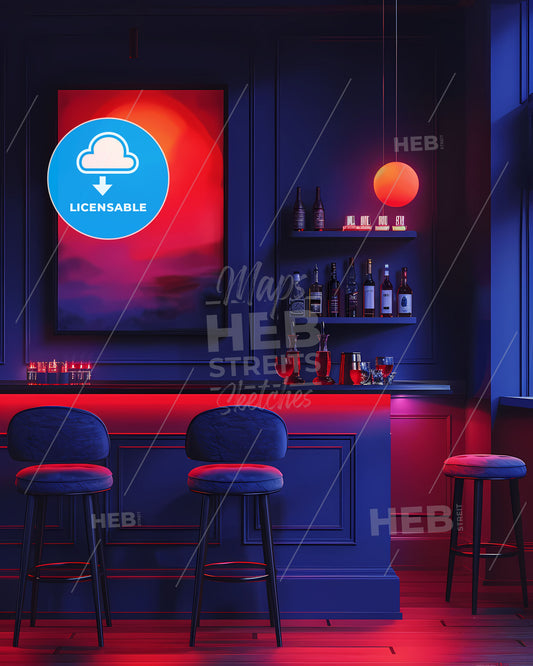 Modern and Cozy Bar Interior with Artwork, Stools on Table, and Vibrant Wall Painting