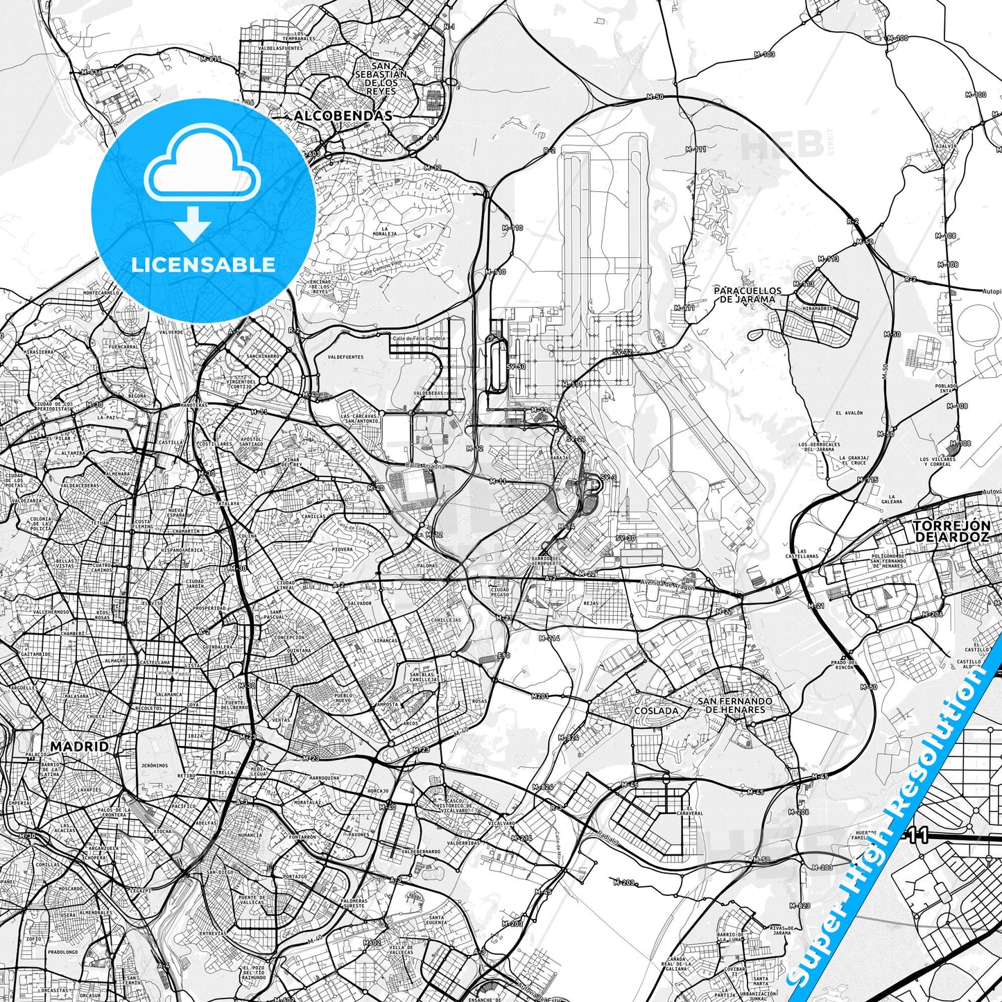 Barajas de Madrid, Spain light map with streetnames, citynames and districts