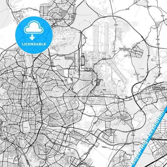 Barajas de Madrid, Spain light map with streetnames, citynames and districts