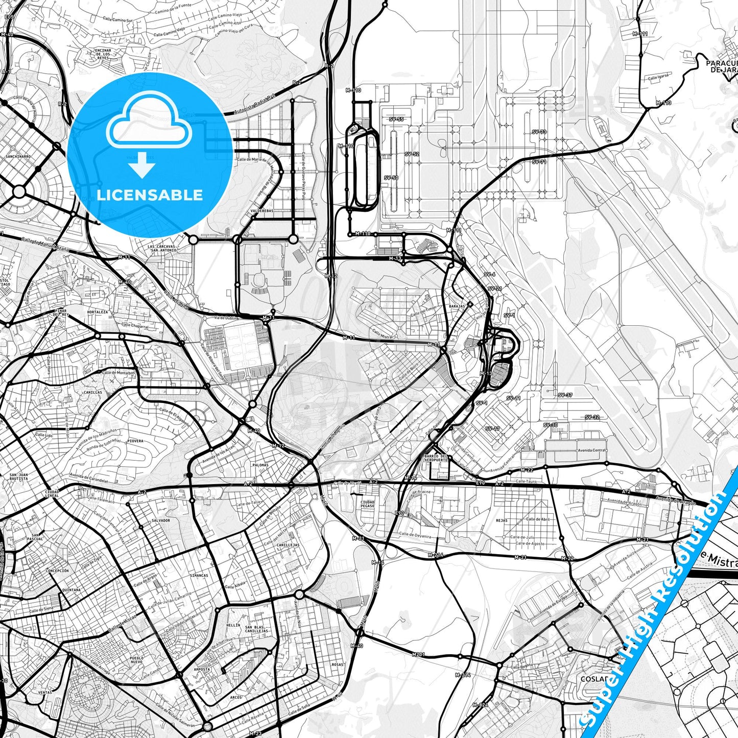 Barajas de Madrid, Spain Light Map with Street Names, City Names, and Districts