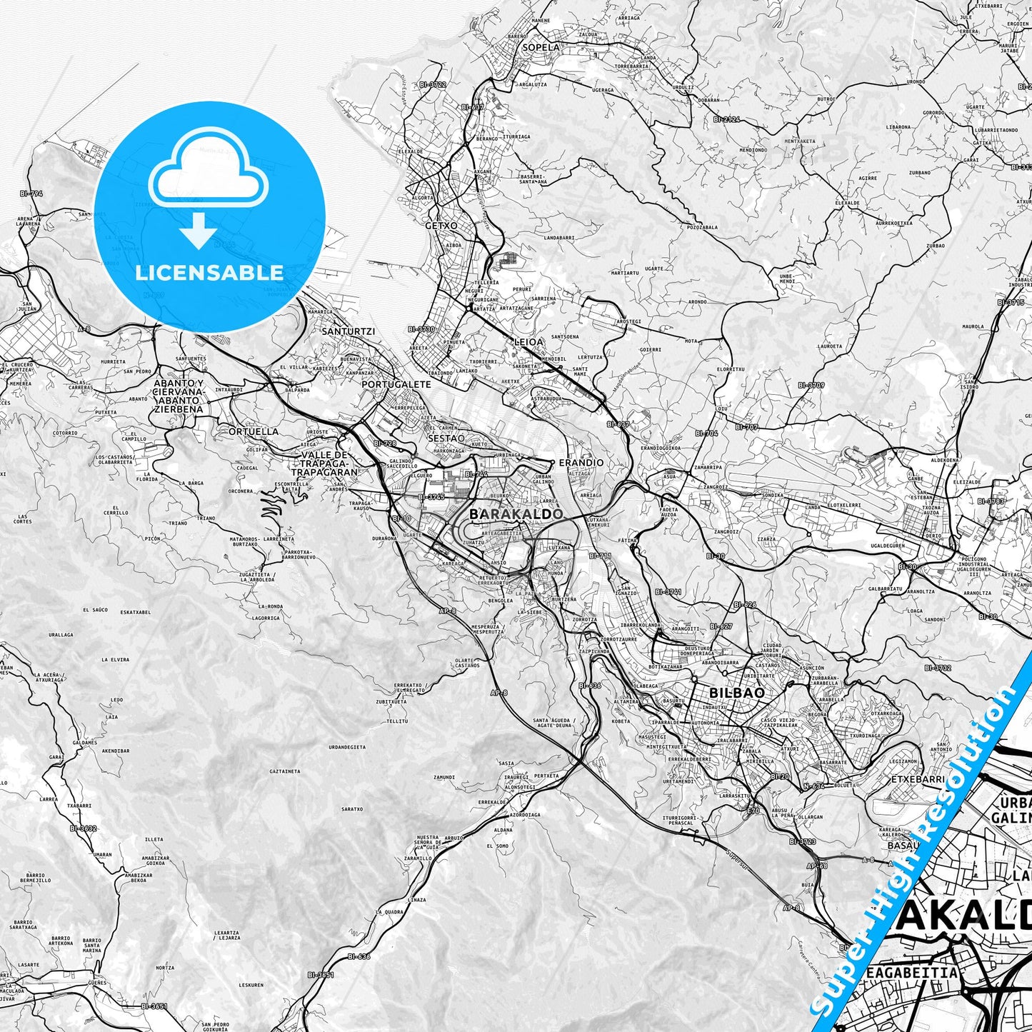 Barakaldo, Spain light map with streetnames, citynames and districts