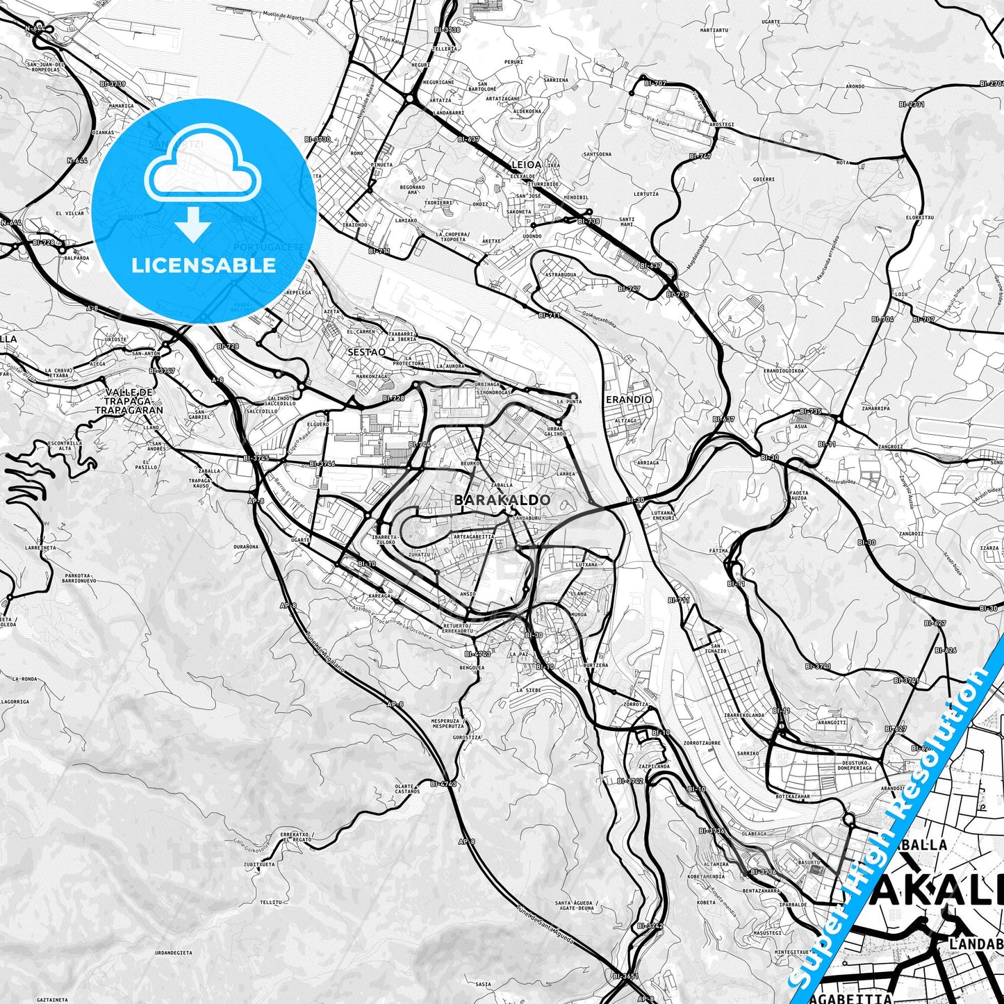 Barakaldo, Spain Light Map with Street Names, City Names, and Districts