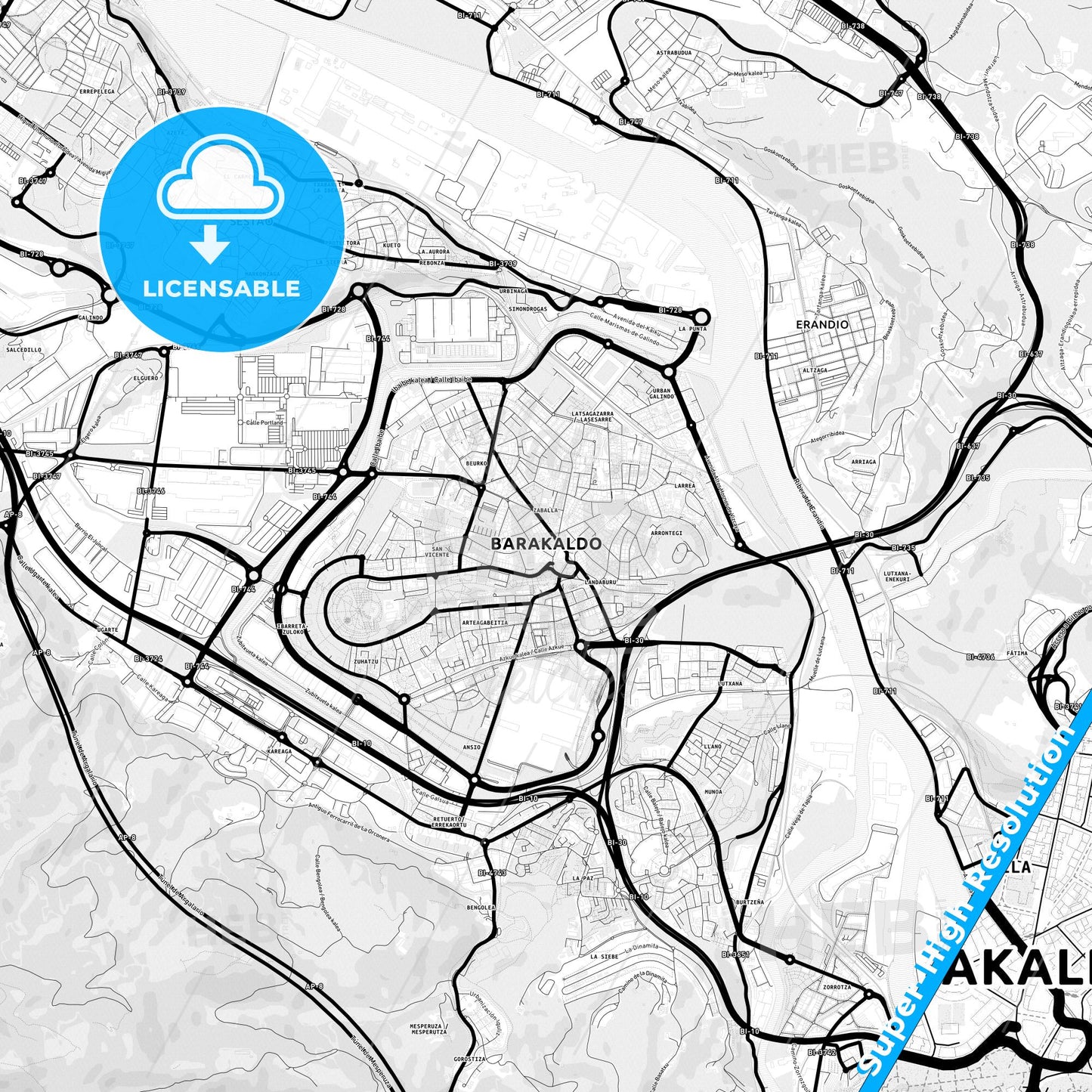 Barakaldo, Spain Light Map with Street Names, City Names, and Districts