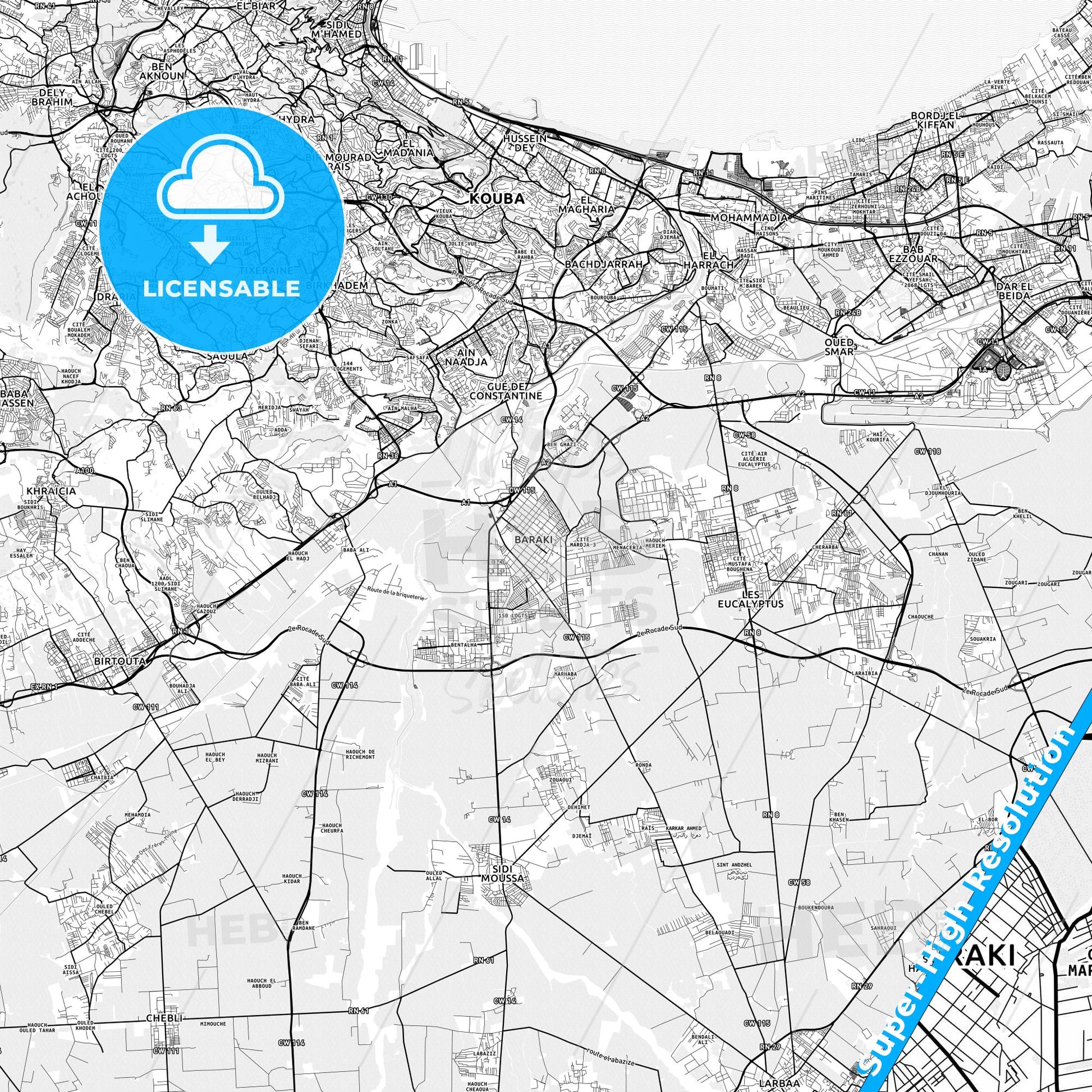 Baraki, Algeria light map with streetnames, citynames and districts