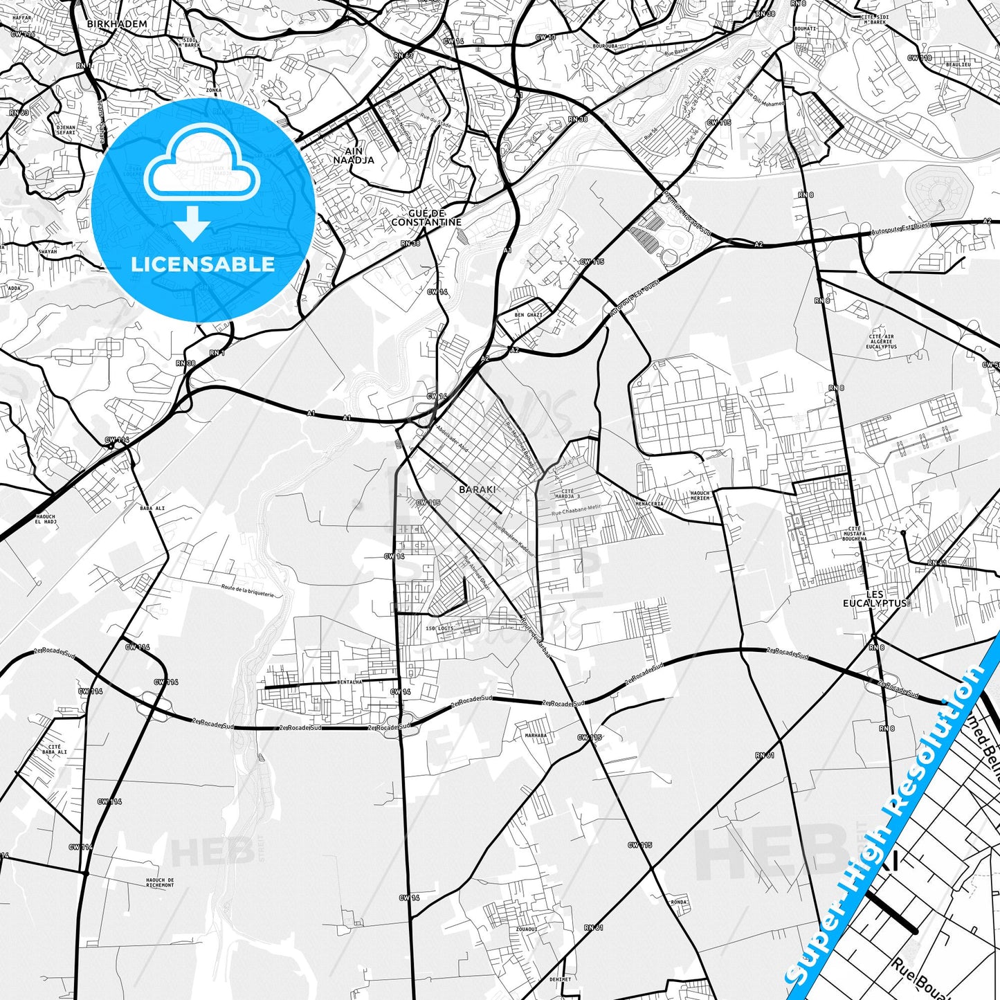 Baraki, Algeria Light Map with Street Names, City Names, and Districts