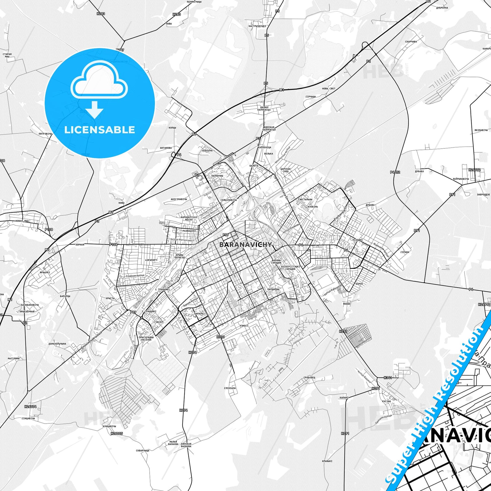 Baranavichy, Belarus light map with streetnames, citynames and districts