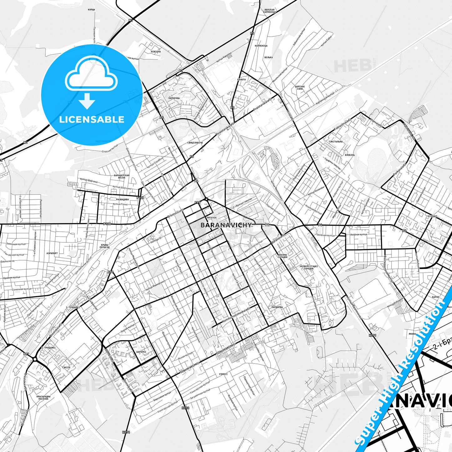 Baranavichy, Belarus Light Map with Street Names, City Names, and Districts