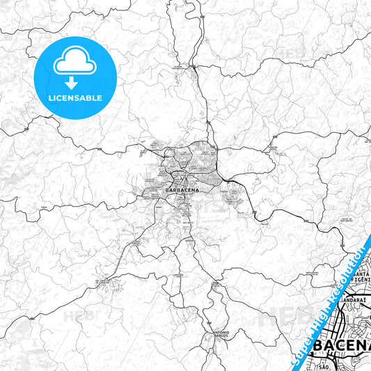 Barbacena, Brazil light map with streetnames, citynames and districts