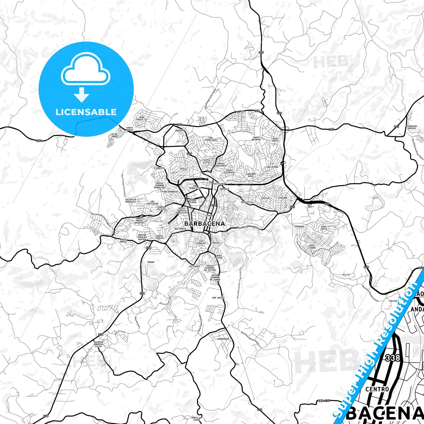 Barbacena, Brazil Light Map with Street Names, City Names, and Districts