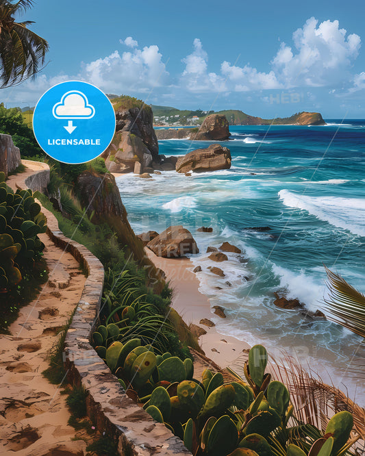 Barbados Beach Painting Bright Caribbean North America Rocky Path Vibrant Art