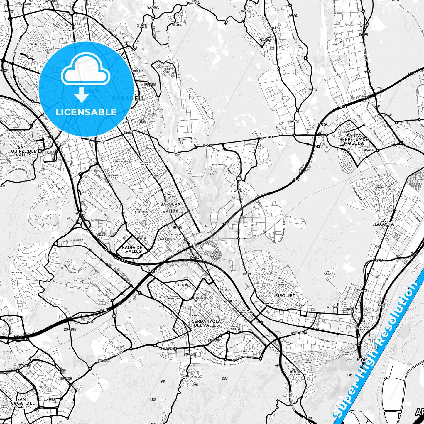 Barberà del Vallès, Spain Light Map with Street Names, City Names, and Districts
