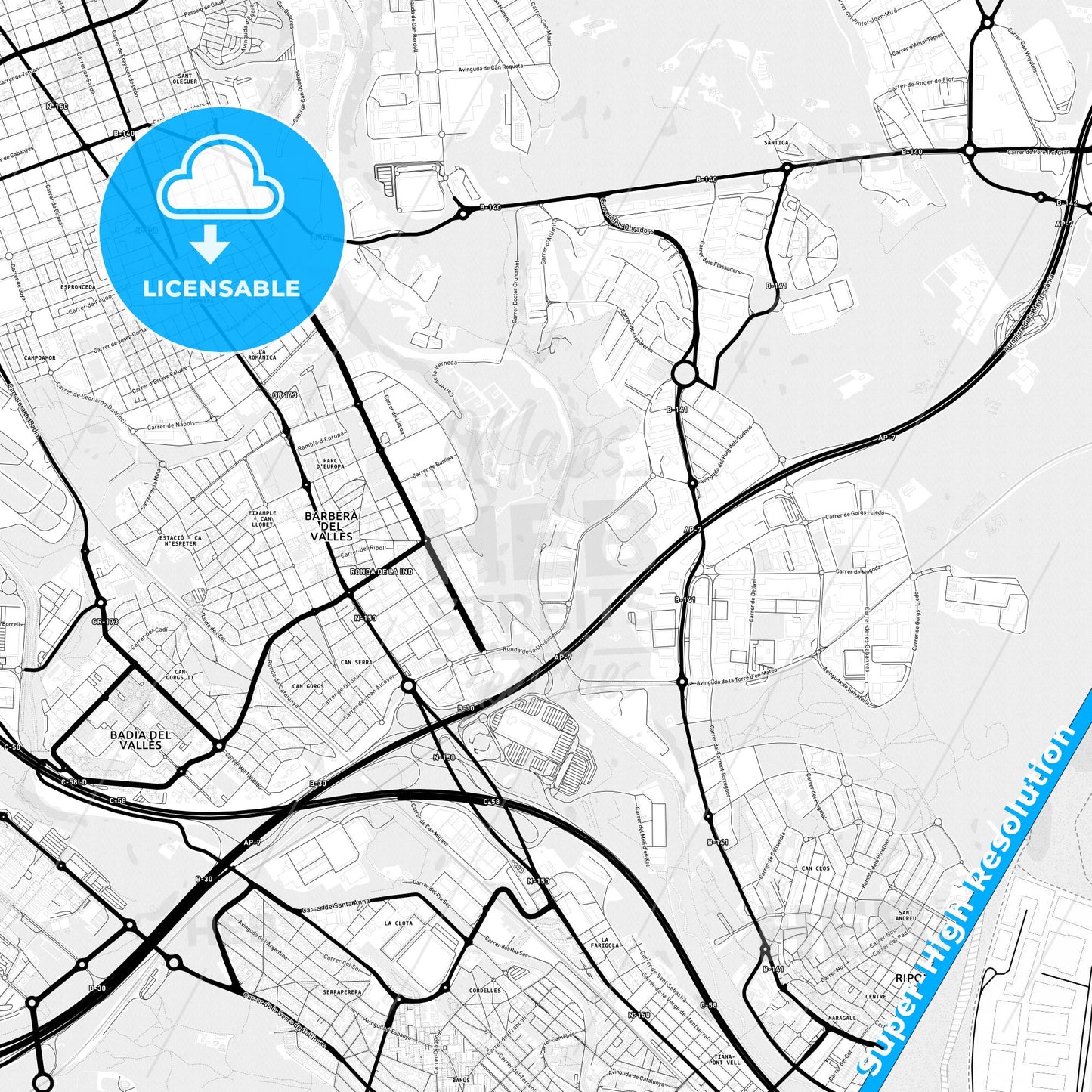 Barberà del Vallès, Spain Light Map with Street Names, City Names, and Districts