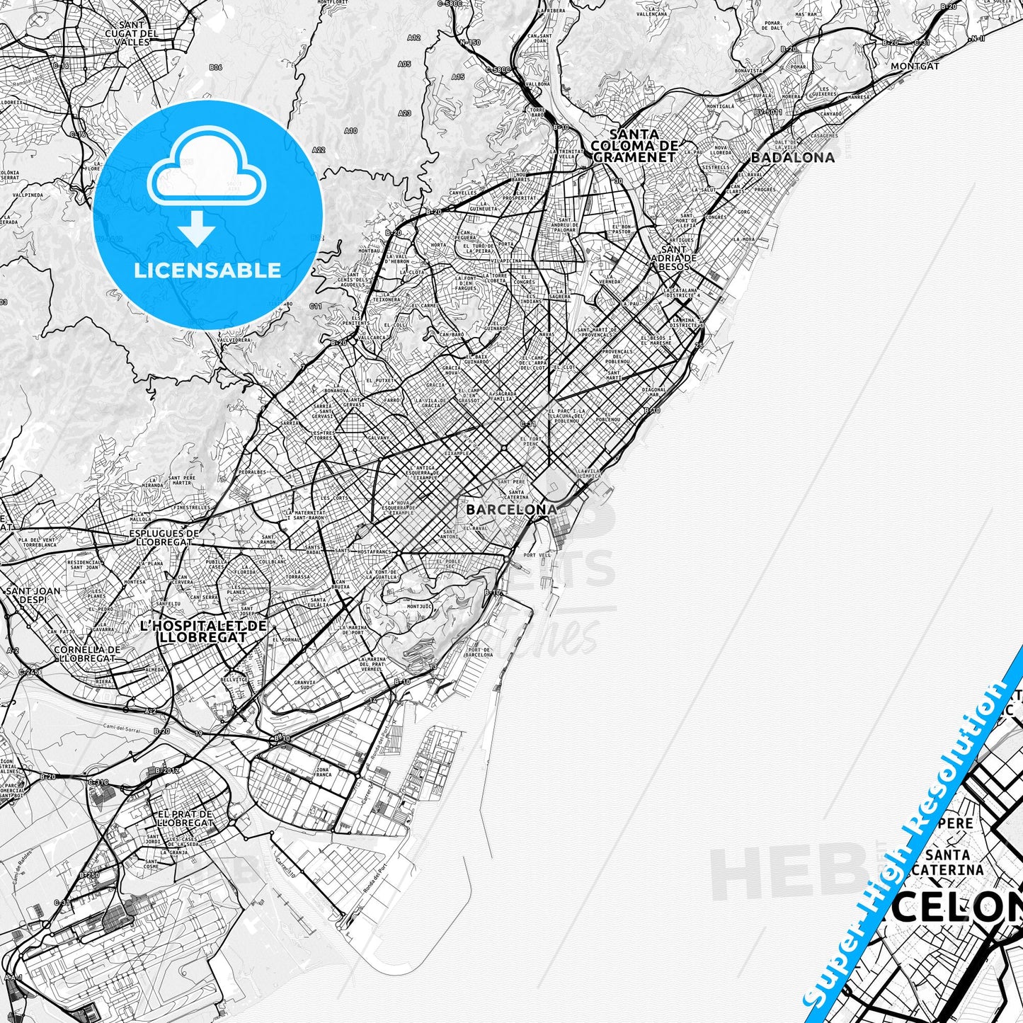 Barcelona, Spain light map with streetnames, citynames and districts