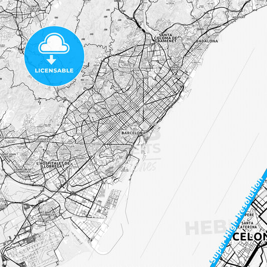 Barcelona, Spain light map with streetnames, citynames and districts