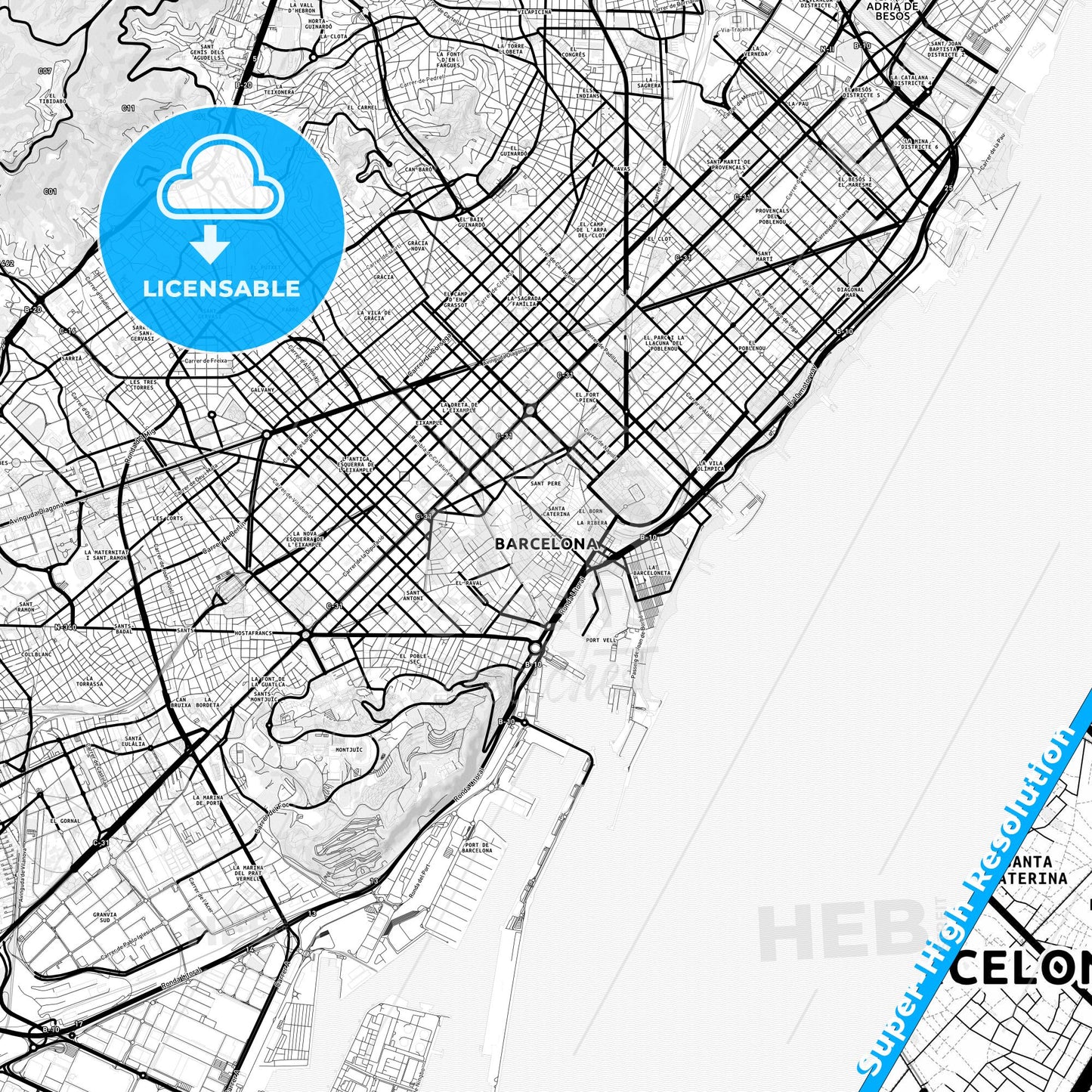 Barcelona, Spain Light Map with Street Names, City Names, and Districts